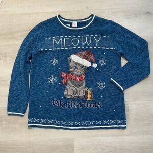 Holiday Time Ugly Christmas Sweater Meowy Christmas Cat 1X 16W Blue